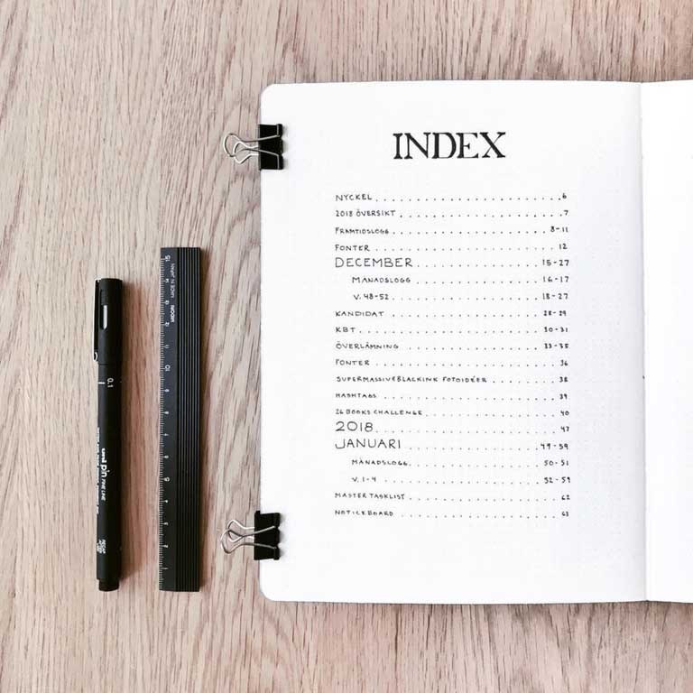 Contoh halaman indeks bullet journal dari Petite Melanie