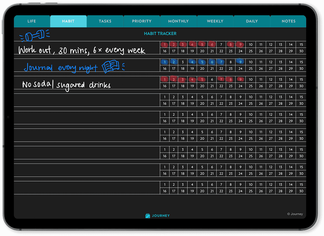 Journey Digital Planner Habit Tracker Dark Theme