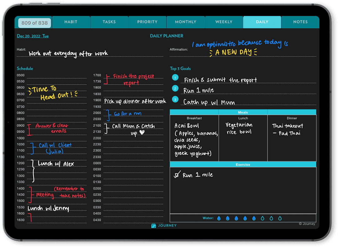 Planner Digitale Journey Programma Giornaliero Tema Scuro